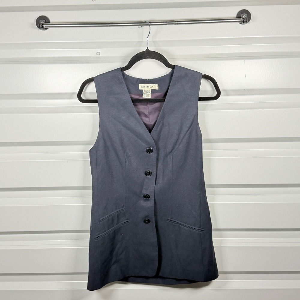 Ann Taylor Waistcoat Vest Women 4‎ Navy Blue Linen Blend Longline V-Neck Vintage